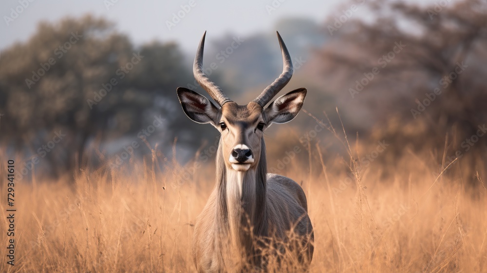 Fototapeta premium The Nilgai or blue bull, the largest Asian antelope is grazing on green grassland at Ranthambore National Park, Rajasthan, India.