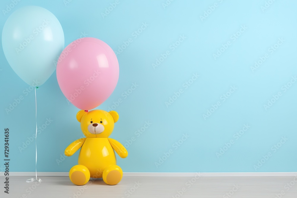 Obraz premium Happy Yellow Teddy Bear Sitting on a Beautiful Pastel Background with Copy Space for Text