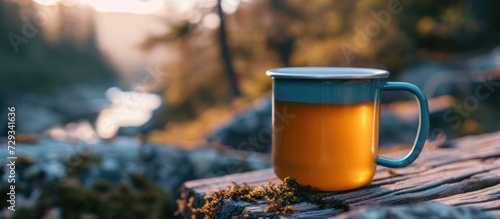 Nature-friendly herbal tea in a sturdy portable mug.