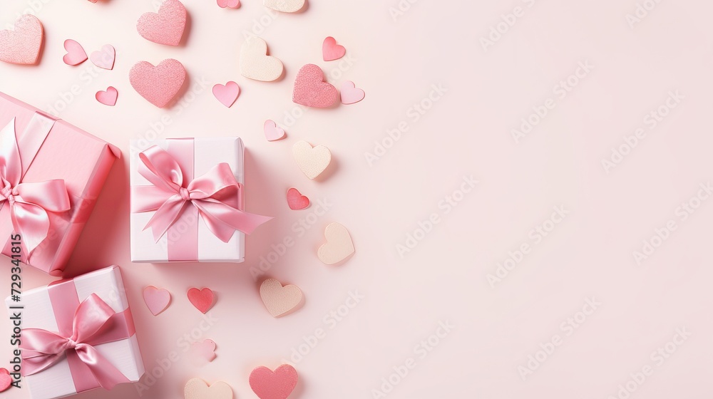 Valentine's Day flat lay composition with gift boxes and hearts on pastel pink background. Flat lay, top view, copy space Valentine's Day flat lay composition with gift boxes and hearts on pastel pink background. Flat lay, top view, copy space