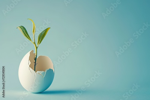New life emerging from cracked blue eggshell on blue background with text space photo