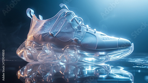 a pair of avant-garde sneakers with an asymmetrical lacing system and a futuristic, translucent sole.