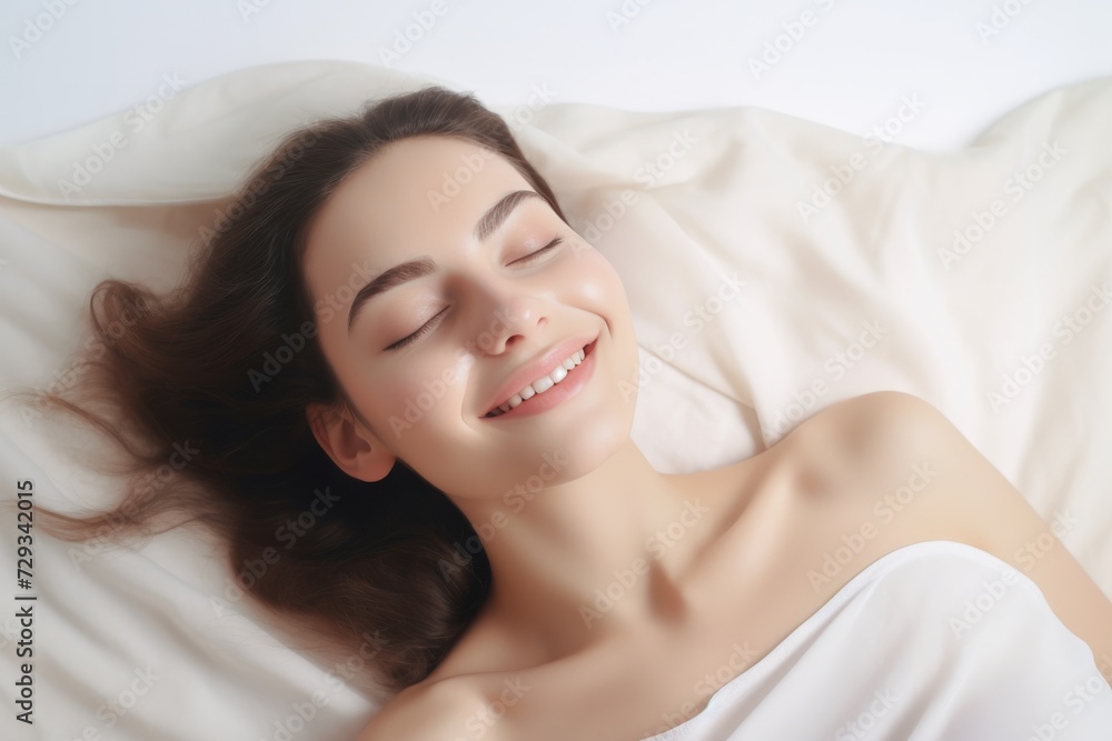 Caucasian woman reclines luxuriously on a plush, white bed and pillow. Behold the tranquil joy in her smile as her eyes emanate serenity. Caucasian woman reclines luxuriously on a plush, white bed and pillow. Behold the tranquil joy in her smile as her eyes emanate serenity.