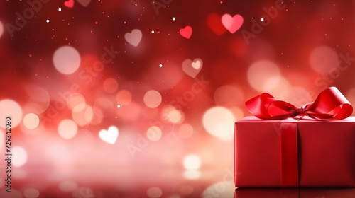 Valentine's day gift. Banner design with present box and hearts on red background