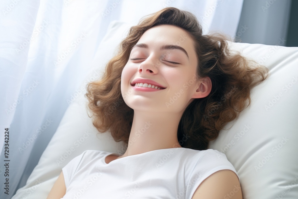 Caucasian woman reclines luxuriously on a plush, white bed and pillow. Behold the tranquil joy in her smile as her eyes emanate serenity. Caucasian woman reclines luxuriously on a plush, white bed and pillow. Behold the tranquil joy in her smile as her eyes emanate serenity.