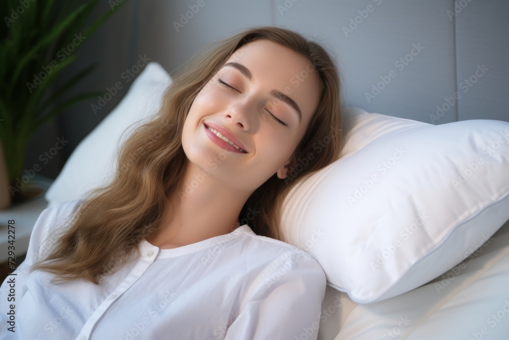 Caucasian woman reclines luxuriously on a plush, white bed and pillow. Behold the tranquil joy in her smile as her eyes emanate serenity. Caucasian woman reclines luxuriously on a plush, white bed and pillow. Behold the tranquil joy in her smile as her eyes emanate serenity.