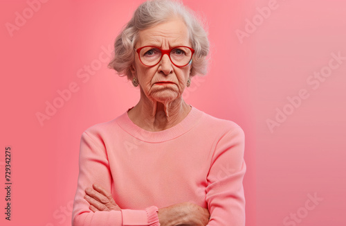 Portrait frowning elderly woman on coloured background old woman upset, sad