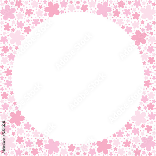 3色の桜シルエットで埋め尽くされた白抜き丸フレームのイラスト（ピンク）