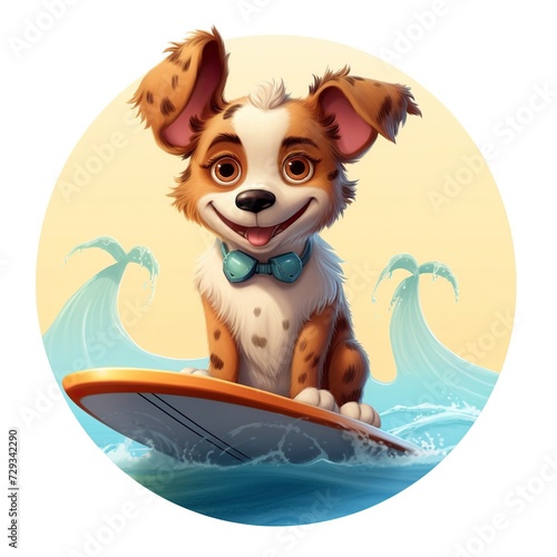 cartoon illustration  cute dog on surfboard