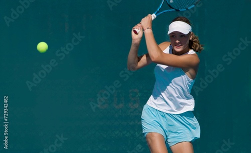 A girl plays tennis on a court with a hard blue surface on a summer sunny day   © Павел Мещеряков