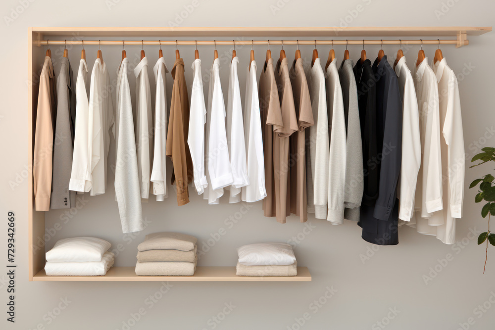 
A neatly organized, minimalist wardrobe with a limited color palette, showcasing simplicity and order