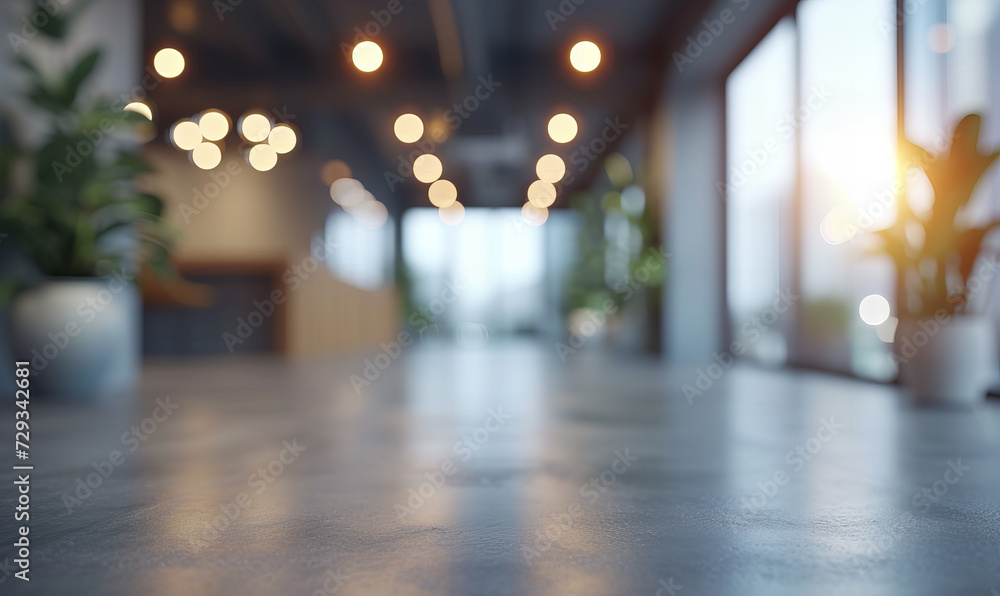 Blurred or defocused background of empty modern office, commercial building or coworking center with copy space.