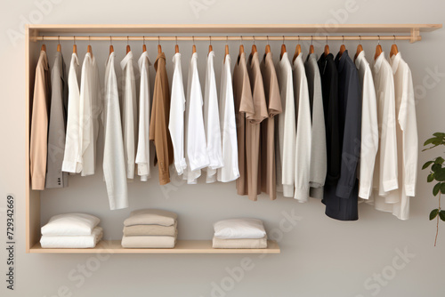  A neatly organized, minimalist wardrobe with a limited color palette, showcasing simplicity and order