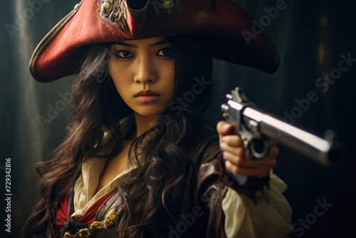 Portrait of an Asian female pirate, 34 years old, repairing her fake pistol, with focused eyes, in a retro style