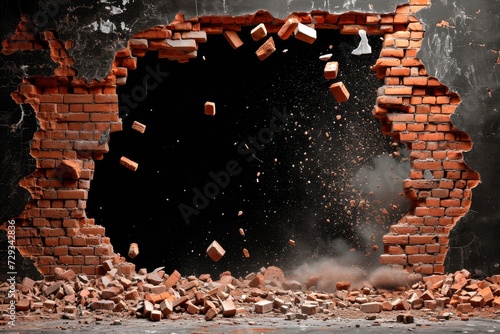 A large hole in red brick wall with blowing pieces of bricks photo