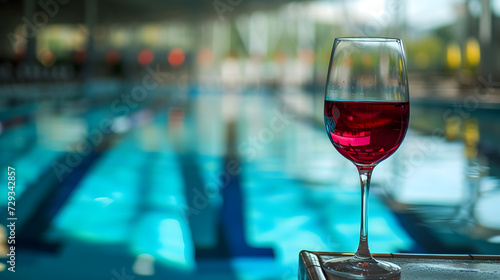 Cinematic wide angle photograph of red wine glasse at an olympic pool venue. Product photography.