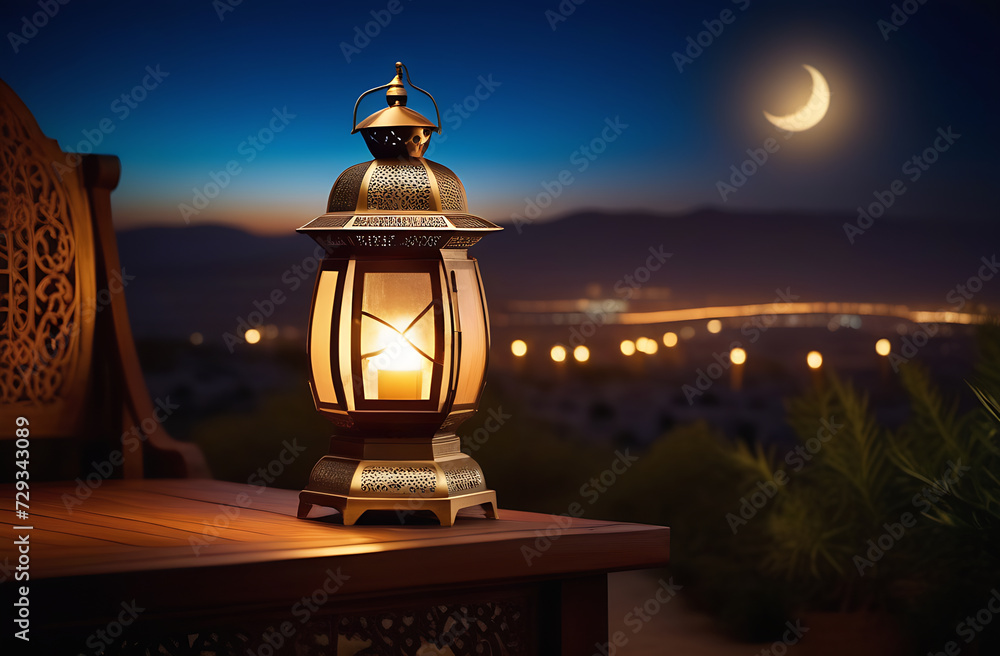 Arabian Lantern and moon at night. Ramadan Kareem. Arabian Lantern and moon at night. Ramadan Kareem.