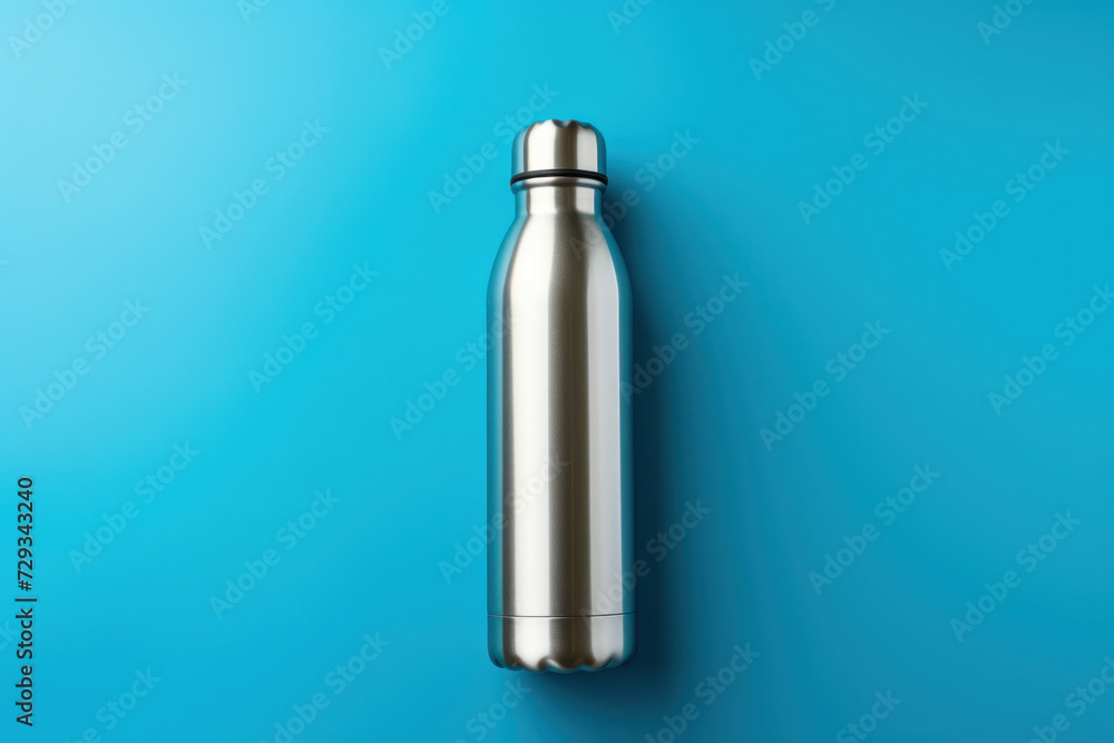 Photo of a stainless steel water bottle on a solid blue background, representing sustainable hydration