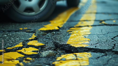 Broken asphalt road with cracks and yellow line on asphalt surface. photo