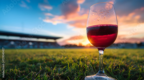 Cinematic wide angle photograph of red wine glasse at a soccer field. Product photography.