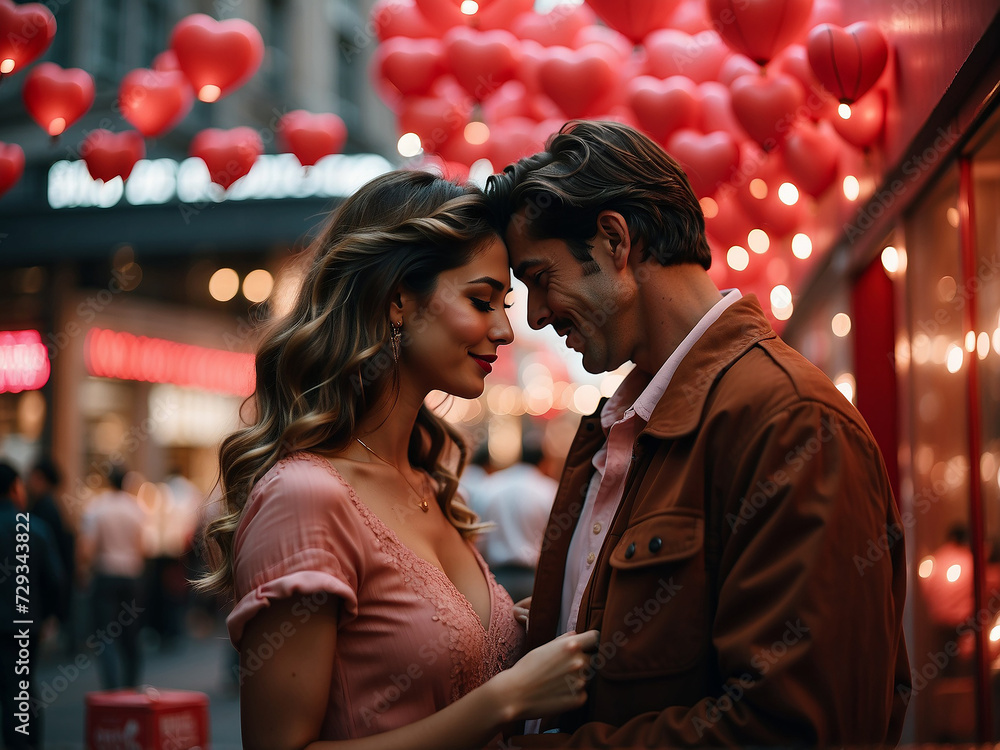 Loving Couple in city with heart balloons
