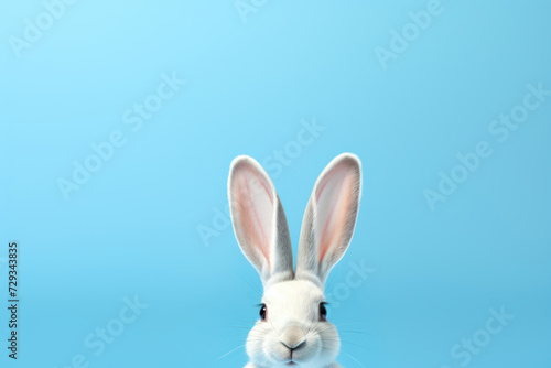 Rabbit ears poking up from the bottom, against a solid pastel blue background © Hanna Haradzetska