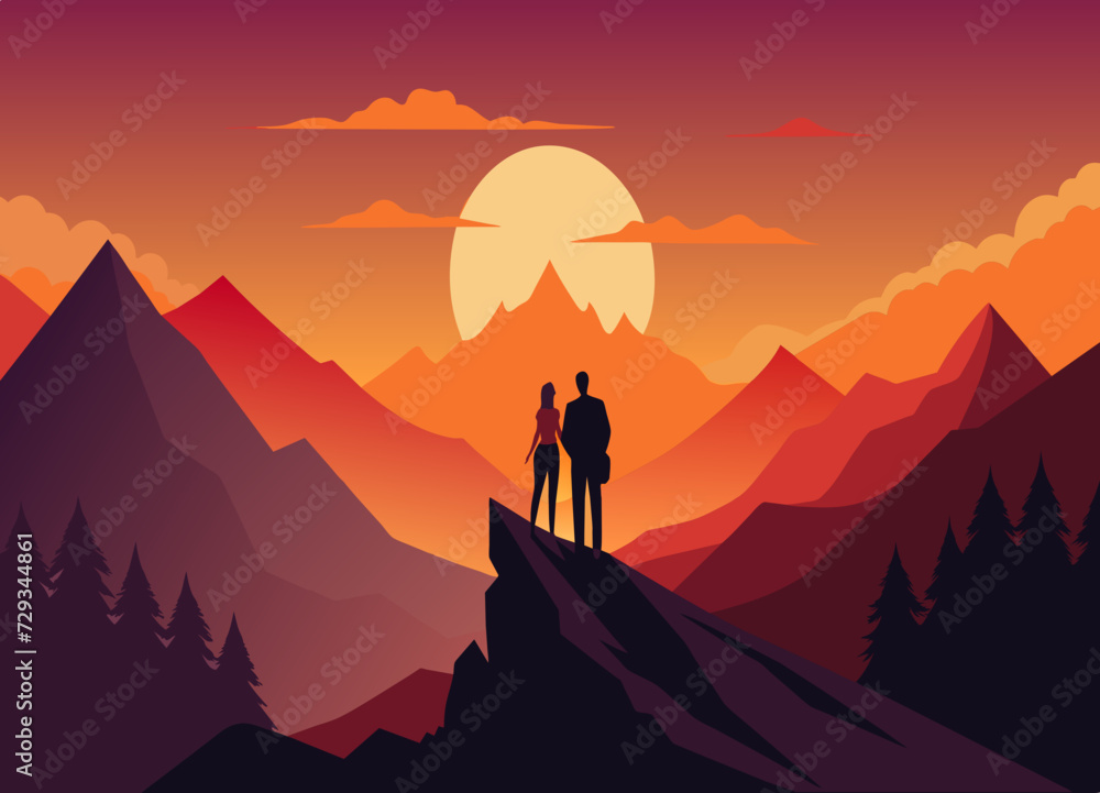 A couple's silhouettes on a mountaintop at sunrise. vektor illustation