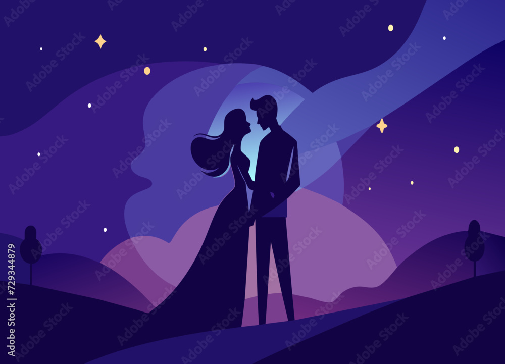 A couple's silhouette kissing under a starry sky. vektor illustation