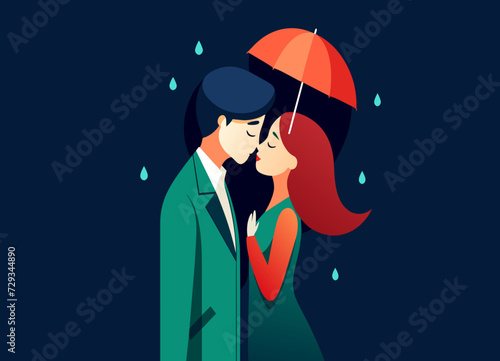 A couple sharing a passionate kiss in the rain. vektor illustation
