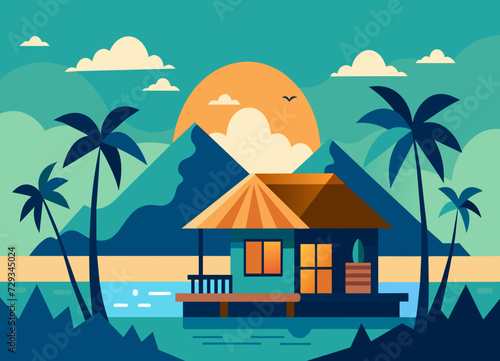 A romantic getaway in a beachfront bungalow. vektor illustation