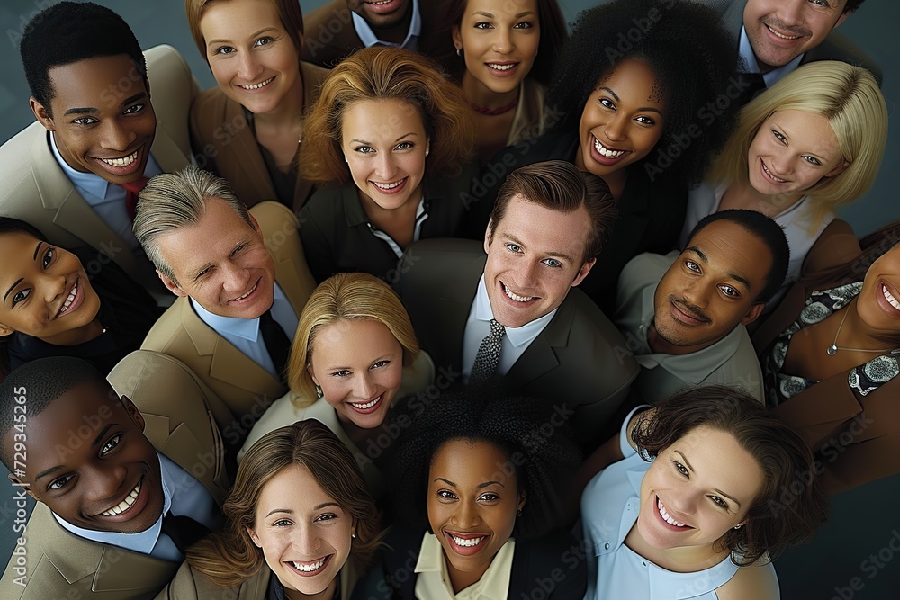 Unity in Diversity A Top-Down View of a Diverse Group of Professionals Symbolizing Teamwork and Collaboration in the Workplace