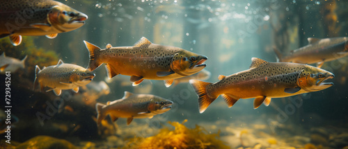 A school of salmon swimming in a natural stream, on their journey to spawn.