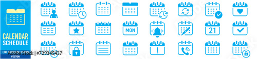 Calendar icon set. Event, Schedule, Appointment, Agenda, Table calendar, Date Editable stroke Solid line icon set collection Vector illustration.
