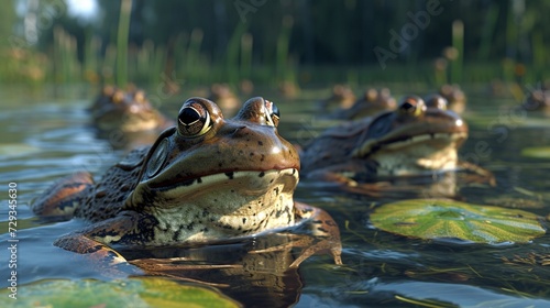 A chorus of frogs croaking in a marsh at twilight. © Shamim