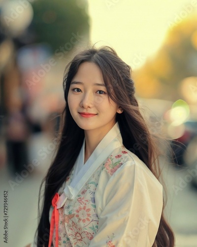 A Young Woman's Graceful Poise in Hanbok Amidst the City's Whisper