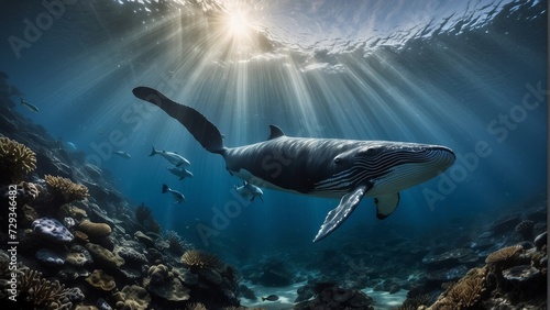Whale swimming underwater in the ocean. Underwater world © i7 Binno
