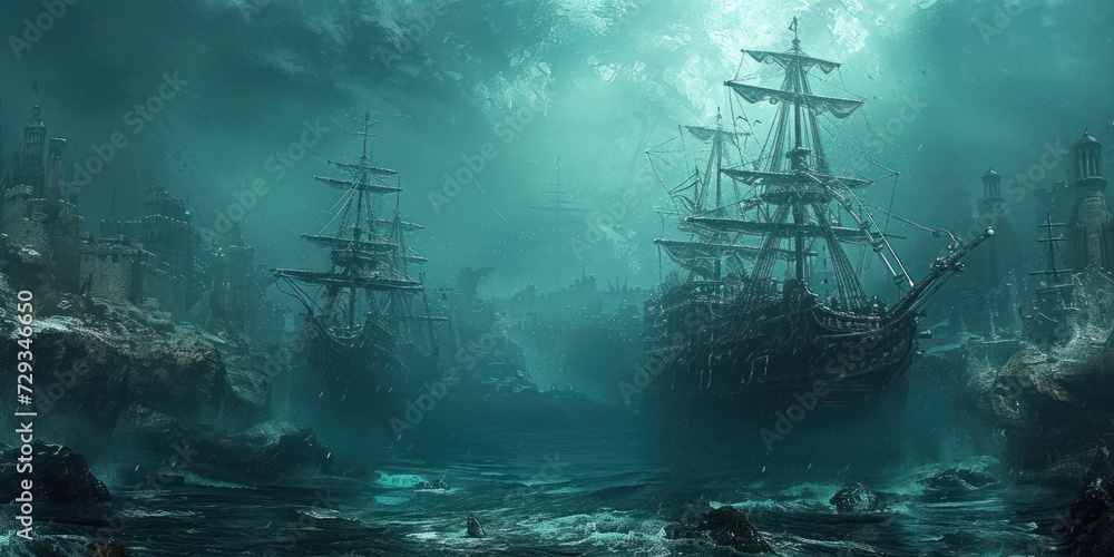 Old Sea Ship Sailing in dark stormy sea. generative ai