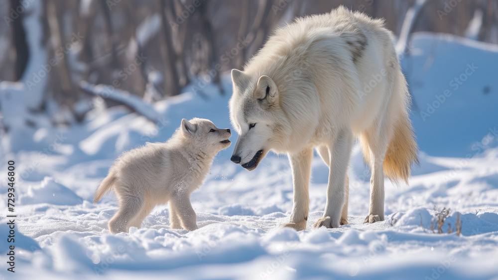 Obraz premium Mother’s Love in the Arctic: Baby Wolf’s Snowy Playtime