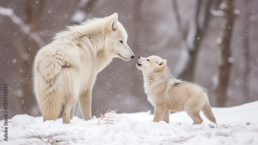 Obraz premium Arctic Bliss: A Baby Wolf’s Snowy Frolic with Mothe