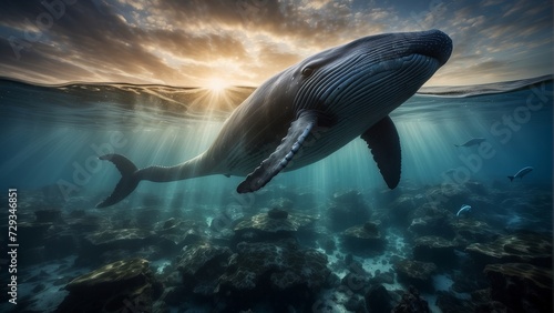Whale swimming underwater in the ocean. Underwater world