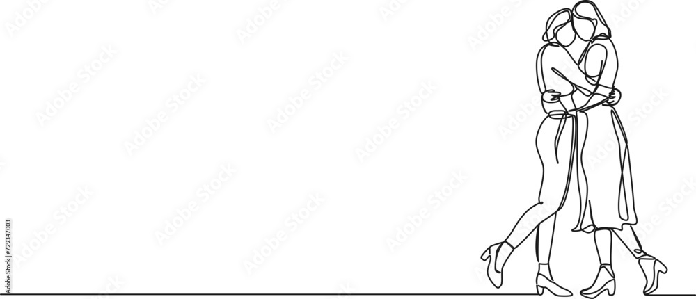 continuous single line drawing of two women hugging each other, line art vector illustration