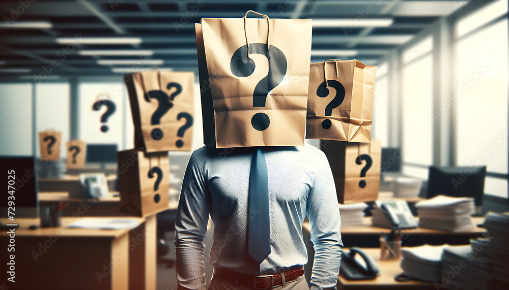 a man with a paper bag on his head with a picture of question mark emotions - obrazy, fototapety, plakaty 