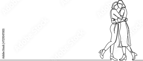 continuous single line drawing of two women hugging each other, line art vector illustration
