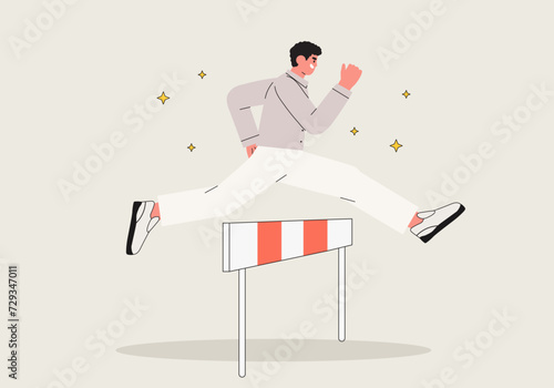 Character overcome obstacles to succeed in his work concept. Obstacles or motivation to solve problem and lead company achievement, businessman jumping over hurdle race obstacle vector illustration.