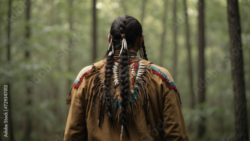 A Native American Indian standing in a primeval forest. Generated with AI