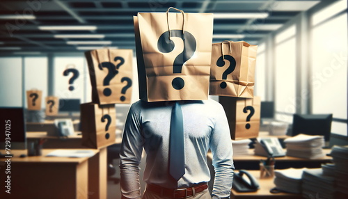 a man with a paper bag on his head with a picture of question mark emotions photo