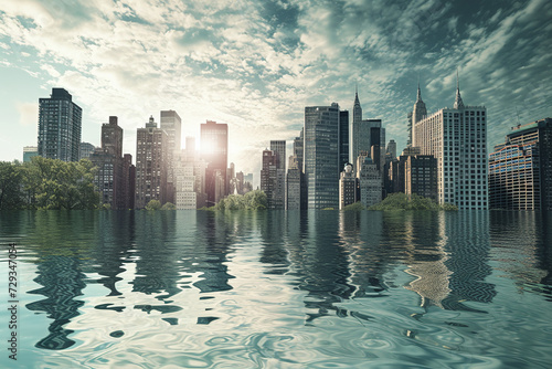 Sunrise Over Flooded Cityscape with Skyline Reflections on Water Signifying Climate Change Impact © Qmini