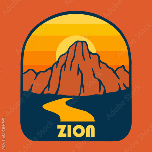SUNSET ON ZION NATIONAL PARK BADGE LOGO DESIGN VECTOR ILLUSTRATION