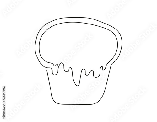 Continuous line drawing of an Easter Kulich cake with icing. Traditional Ukrainian Easter cupcake. Vector illustration isolated on a white backdrop. Design element. For print, greeting, coloring book.