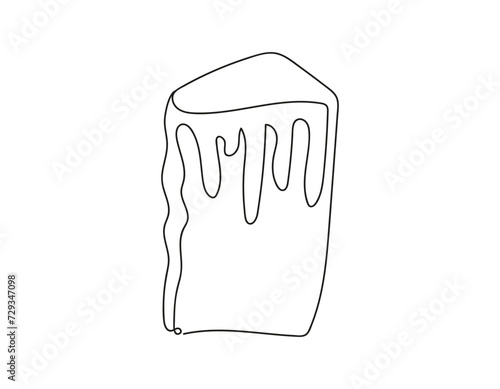 Continuous line drawing of Easter Kulich cake with icing. Slice of cupcake. Black vector illustration isolated on white backdrop. Design element. For print, greeting, coloring book, scrapbooking.